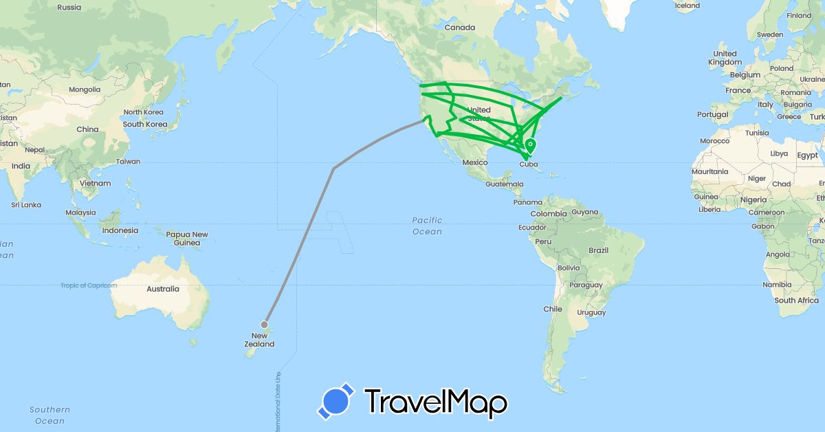 TravelMap itinerary: driving, bus, plane in New Zealand, United States (North America, Oceania)